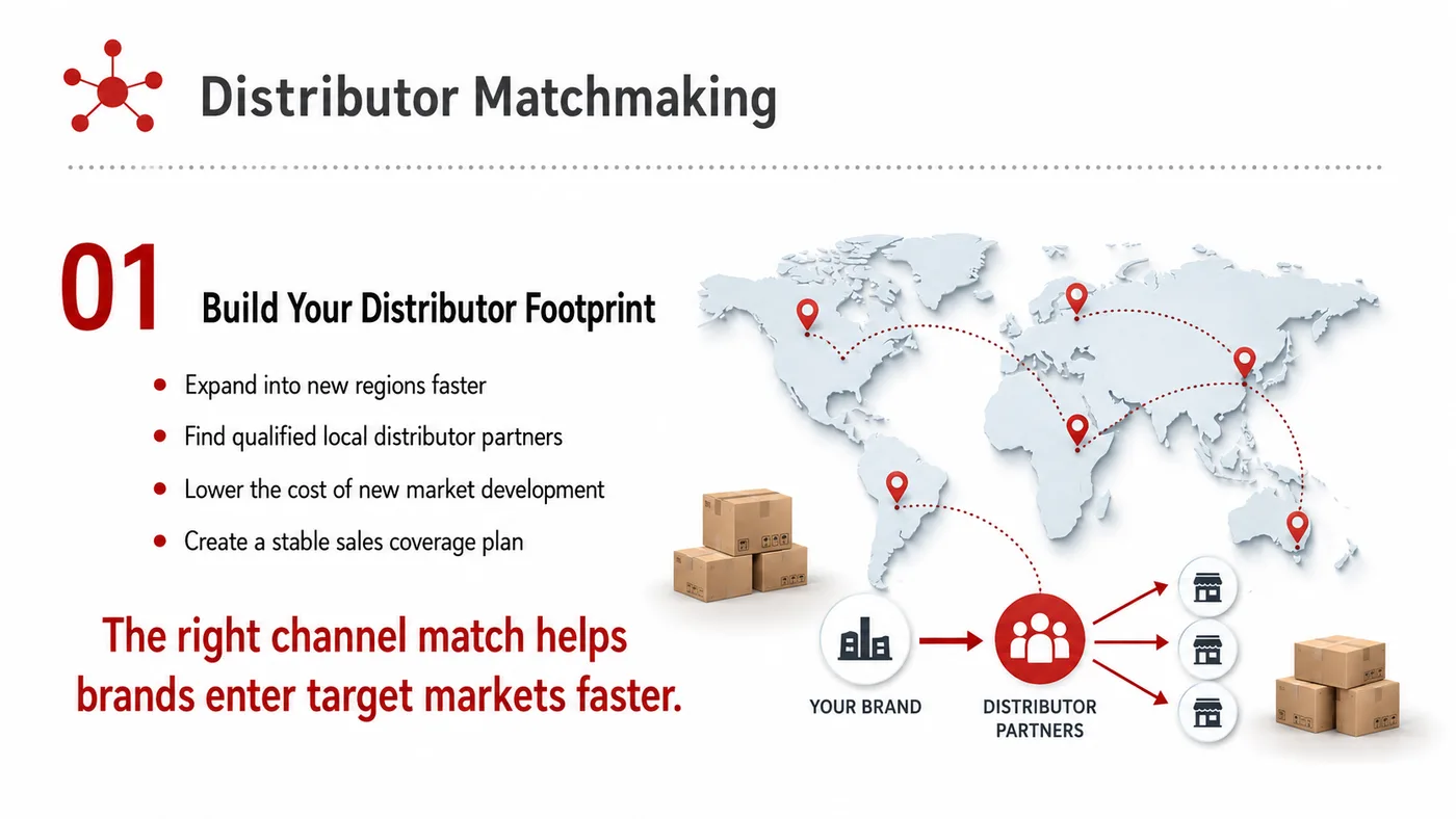 Distributor Matching service card, page 3: Distributor Matching prepares channel fit, product data, compliance, packaging, pricing, samples and follow-up needed f...