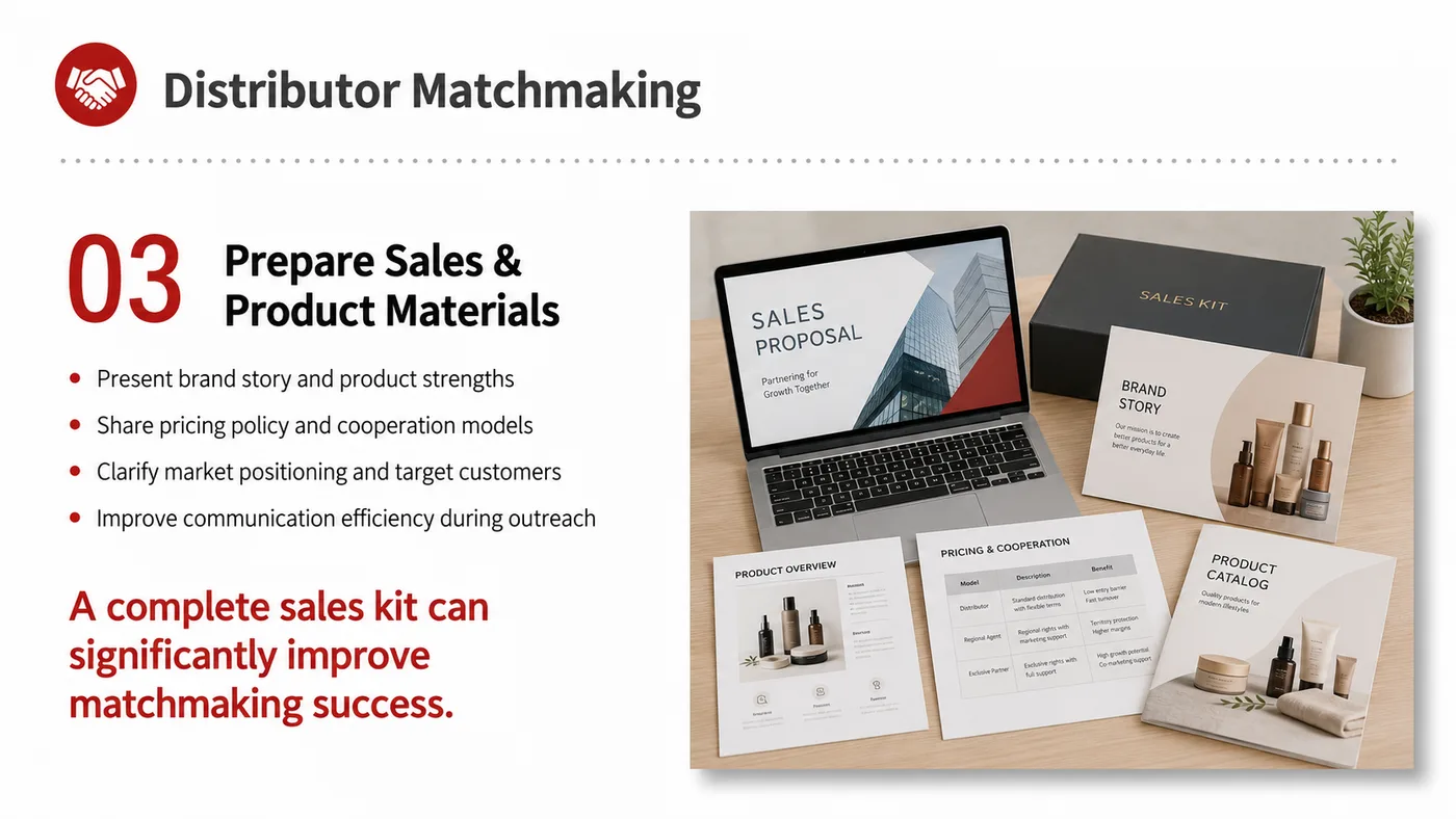 Distributor Matching service card, page 5: Distributor Matching prepares channel fit, product data, compliance, packaging, pricing, samples and follow-up needed f...