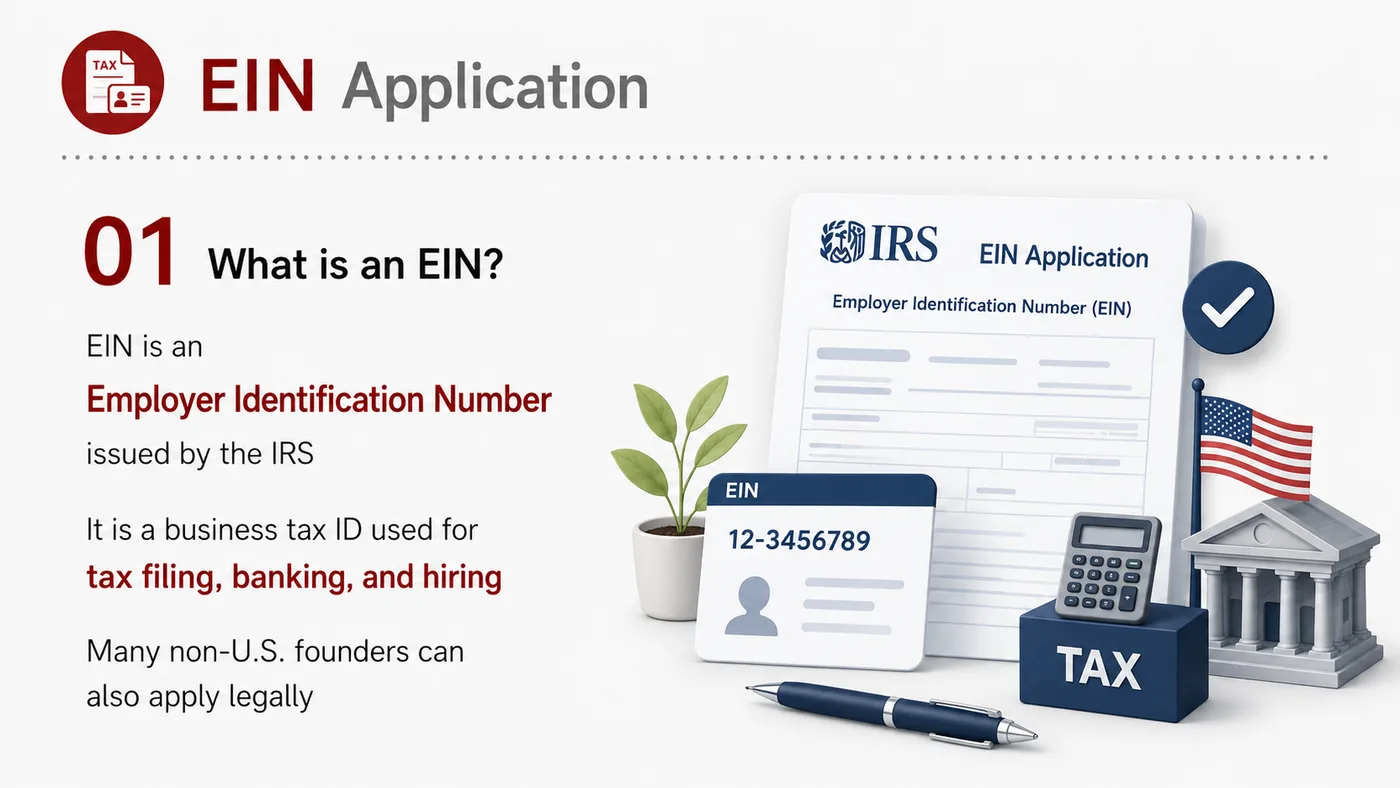 EIN Application service card, page 1: Organize EIN requirements, use cases, timeline and links to banking, marketplaces and tax documents.