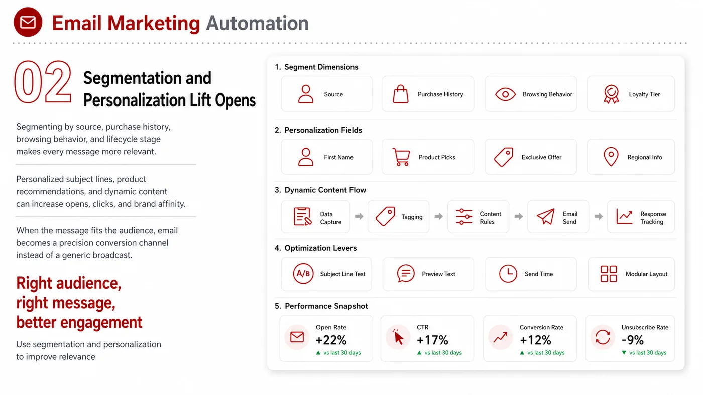 Email Marketing Automation service card, page 2: Email Marketing Automation turns English narrative, sales assets, trust content and lead tracking into business-develop...