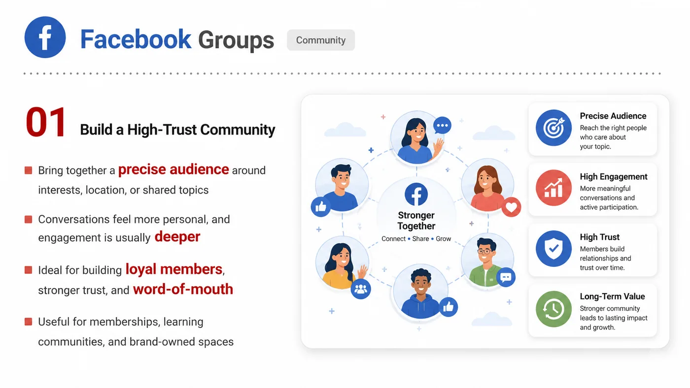 Facebook Groups service card, page 1: Facebook Groups focuses on North America creator and community collaboration through screening, briefs, contracts, revi...