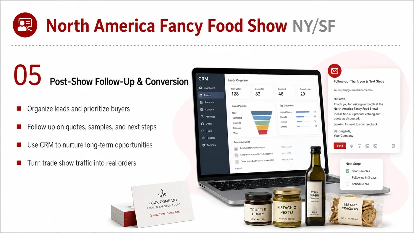 Fancy Food Show service card, page 1: Fancy Food Show connects pre-show outreach, on-site assets, booth messaging, buyer reception and follow-up into a conti...
