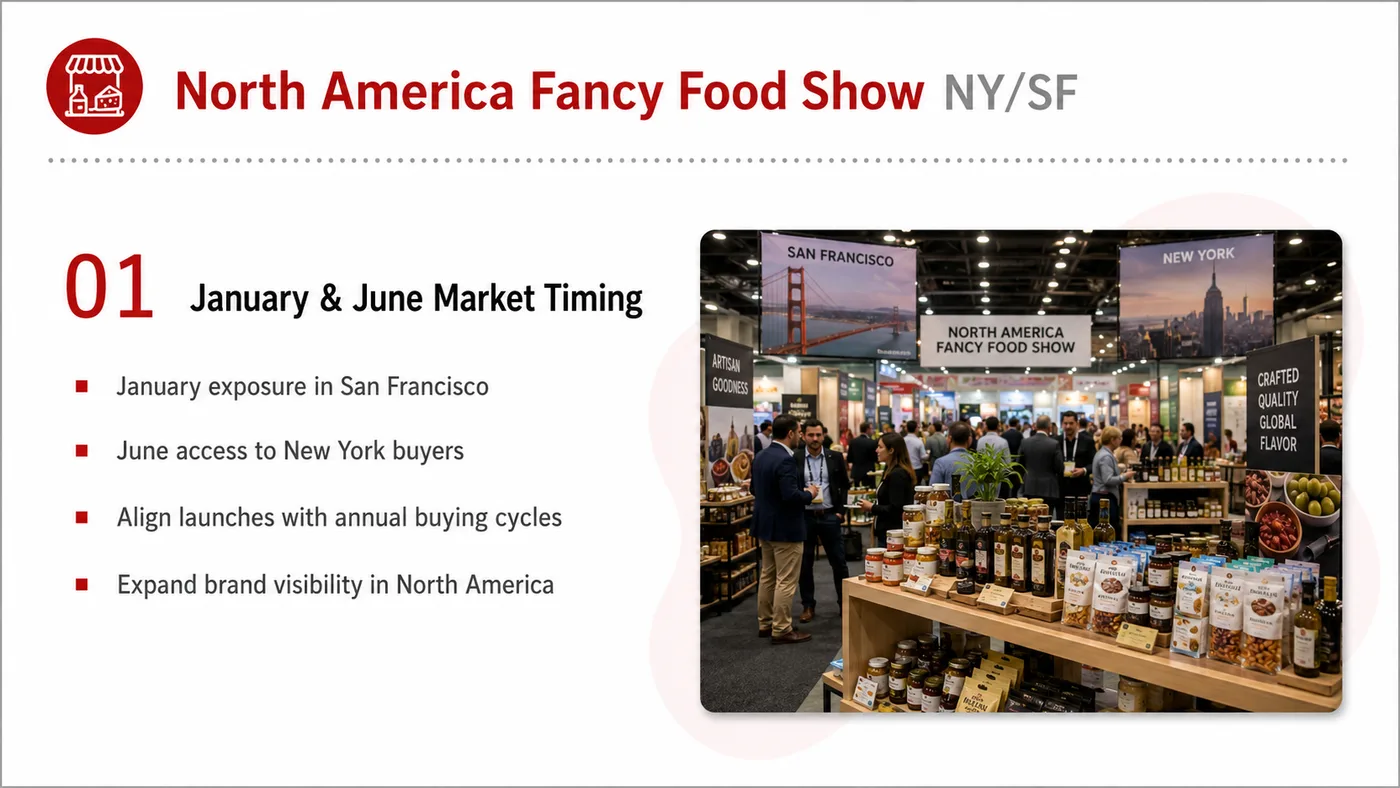 Fancy Food Show service card, page 2: Fancy Food Show connects pre-show outreach, on-site assets, booth messaging, buyer reception and follow-up into a conti...