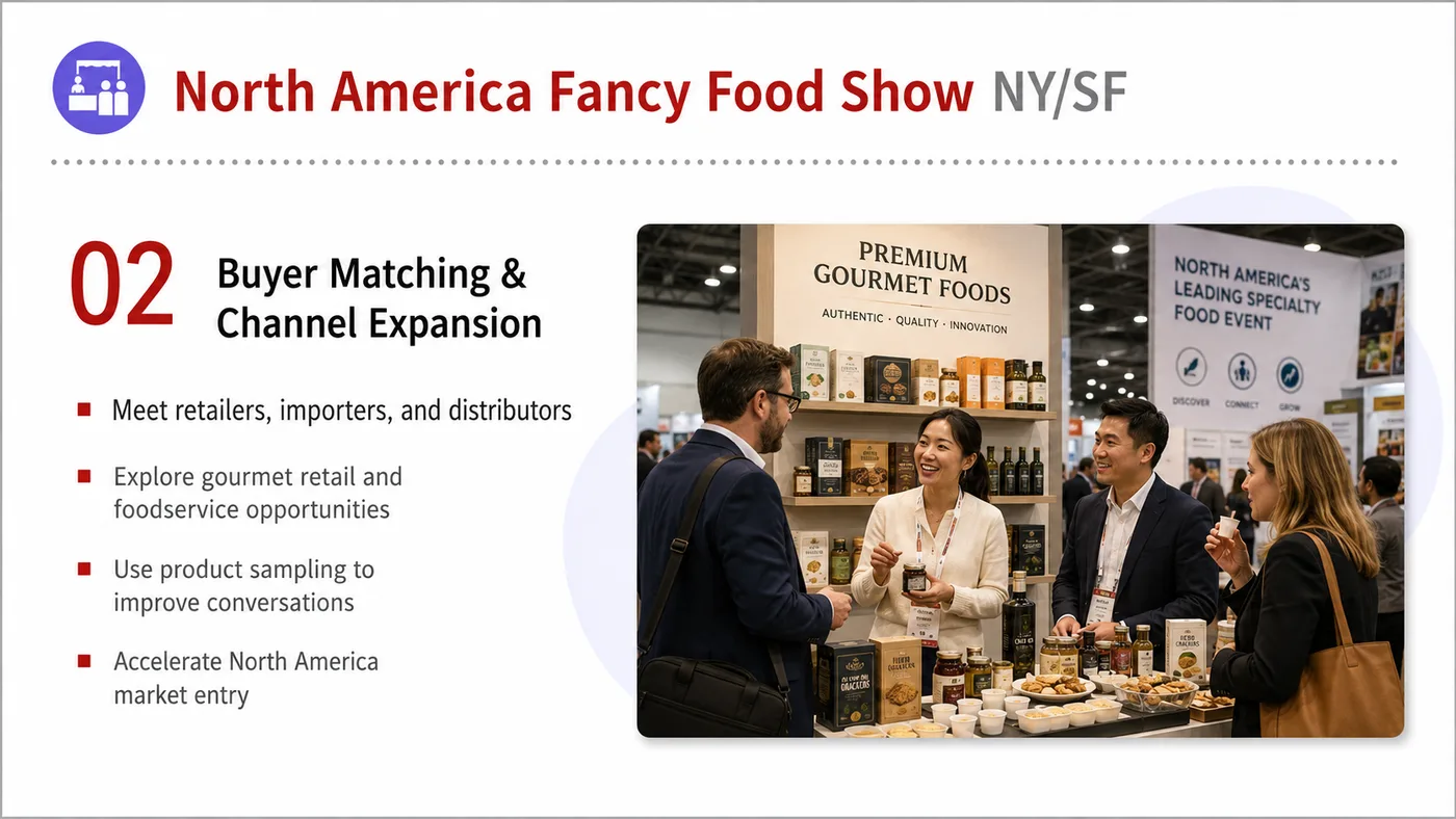 Fancy Food Show service card, page 3: Fancy Food Show connects pre-show outreach, on-site assets, booth messaging, buyer reception and follow-up into a conti...