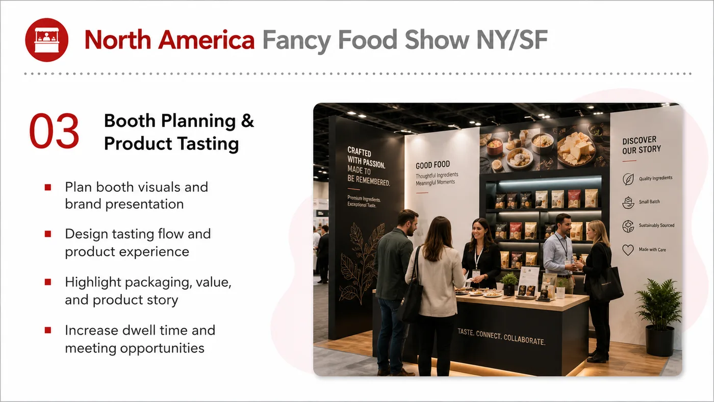 Fancy Food Show service card, page 4: Fancy Food Show connects pre-show outreach, on-site assets, booth messaging, buyer reception and follow-up into a conti...