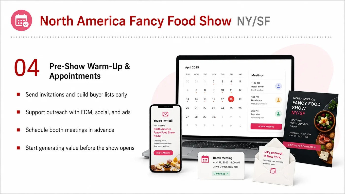 Fancy Food Show service card, page 5: Fancy Food Show connects pre-show outreach, on-site assets, booth messaging, buyer reception and follow-up into a conti...