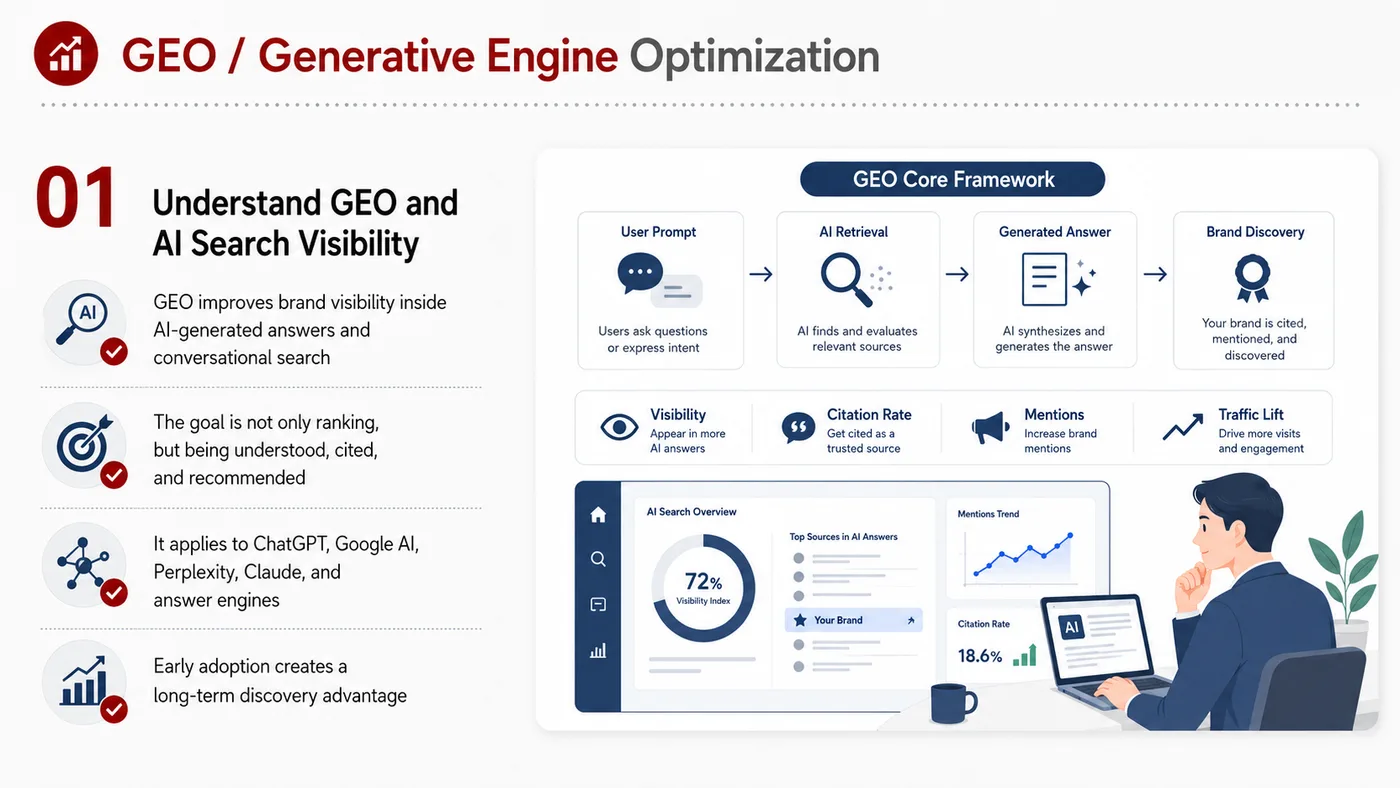 GEO Optimization service card, page 1: GEO Optimization organizes English search, AI summaries, technical structure and content proof so engines and buyers ca...