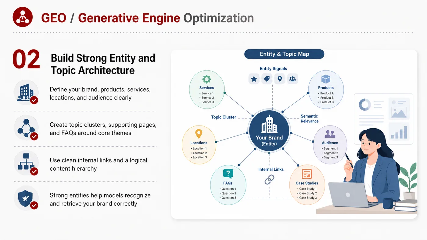 GEO Optimization service card, page 2: GEO Optimization organizes English search, AI summaries, technical structure and content proof so engines and buyers ca...