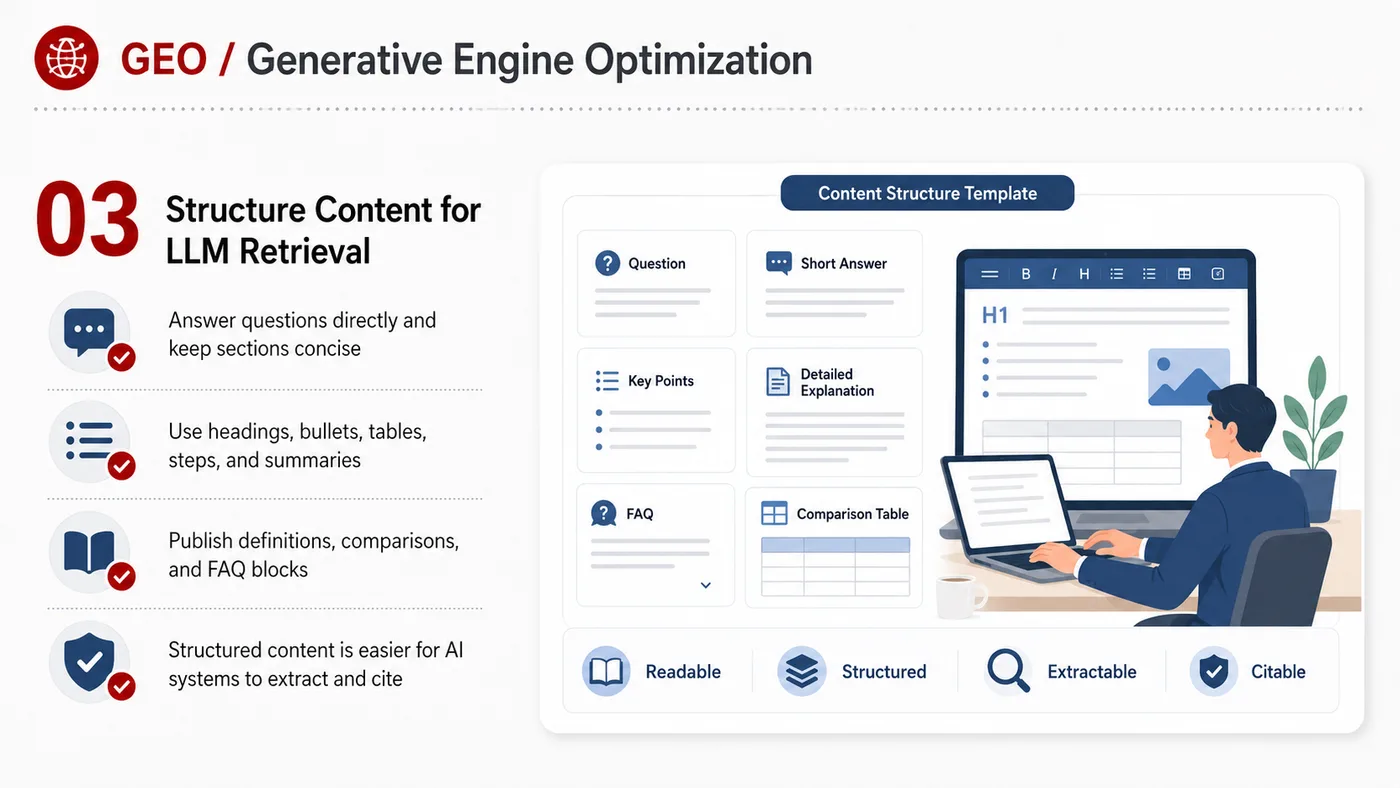 GEO Optimization service card, page 3: GEO Optimization organizes English search, AI summaries, technical structure and content proof so engines and buyers ca...