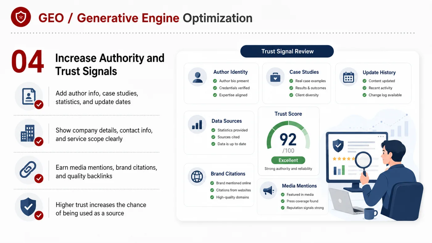 GEO Optimization service card, page 4: GEO Optimization organizes English search, AI summaries, technical structure and content proof so engines and buyers ca...