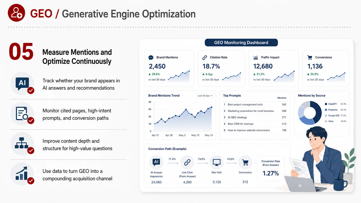 GEO Optimization service card, page 5: GEO Optimization organizes English search, AI summaries, technical structure and content proof so engines and buyers ca...