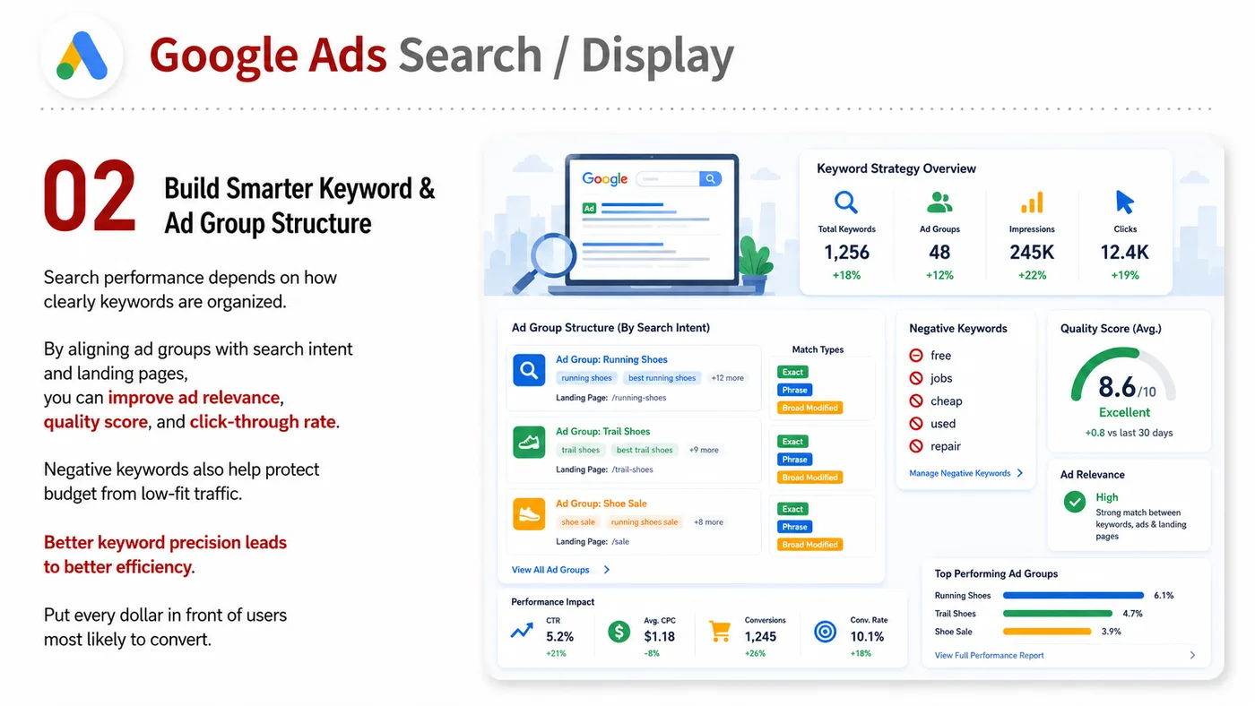 Google Ads Search and Display service card, page 2: Google Ads Search and Display designs North America media around audience, creative, landing pages and conversion event...
