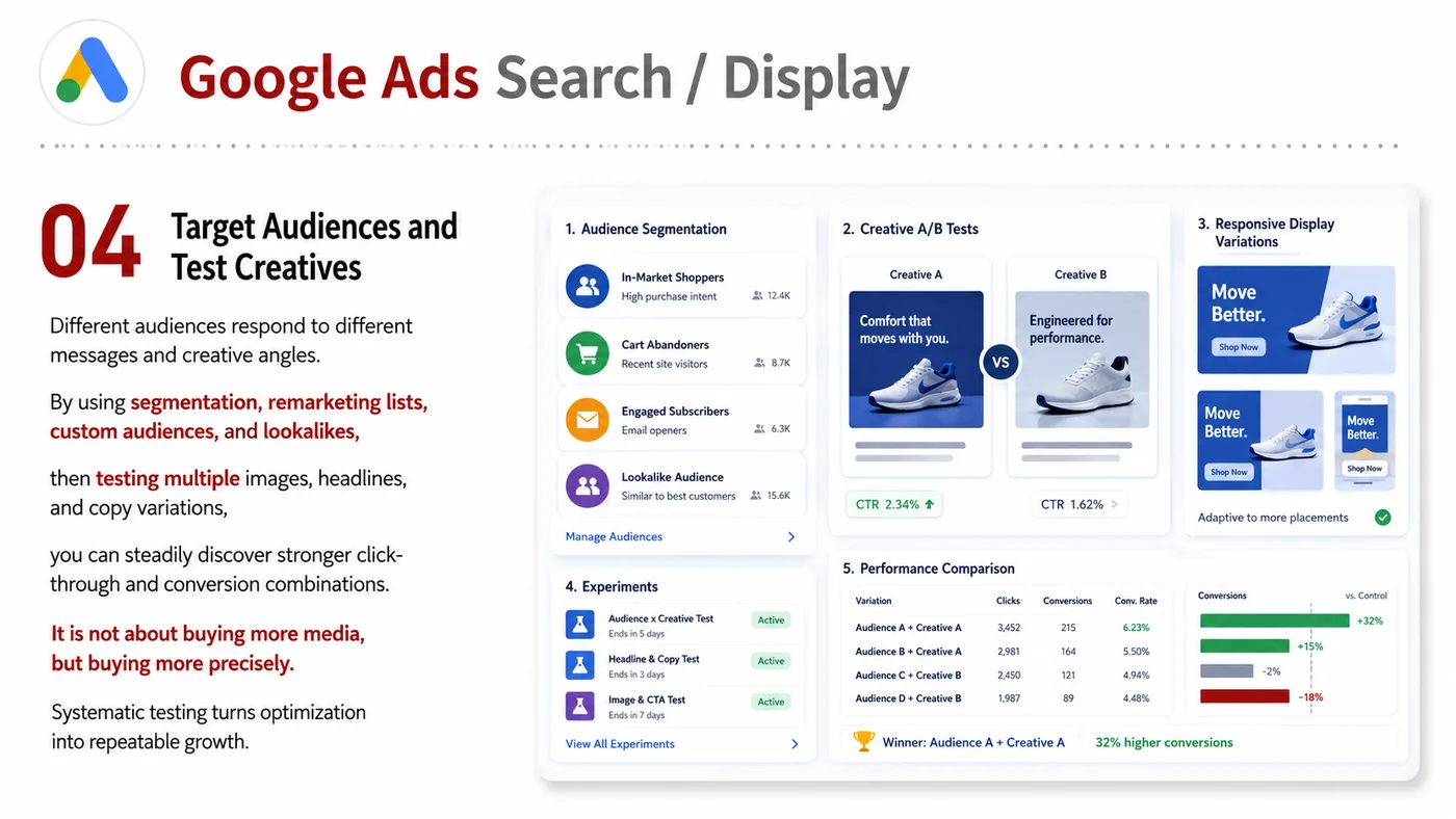 Google Ads Search and Display service card, page 4: Google Ads Search and Display designs North America media around audience, creative, landing pages and conversion event...