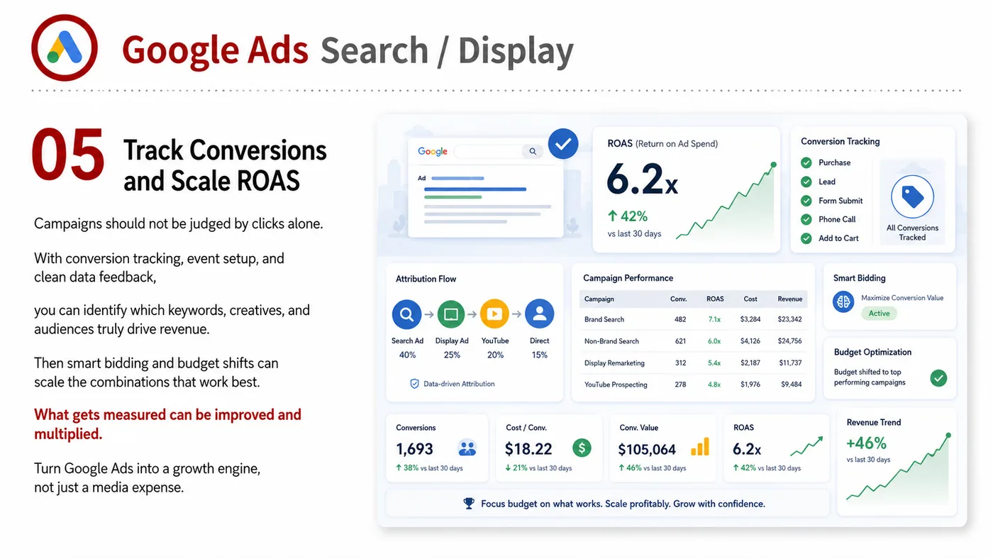 Google Ads Search and Display service card, page 5: Google Ads Search and Display designs North America media around audience, creative, landing pages and conversion event...