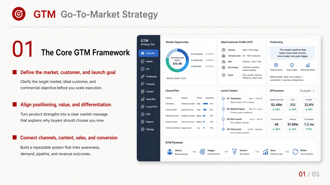 Go-to-market Strategy service card, page 1: Go-to-market Strategy turns English narrative, sales assets, trust content and lead tracking into business-development...
