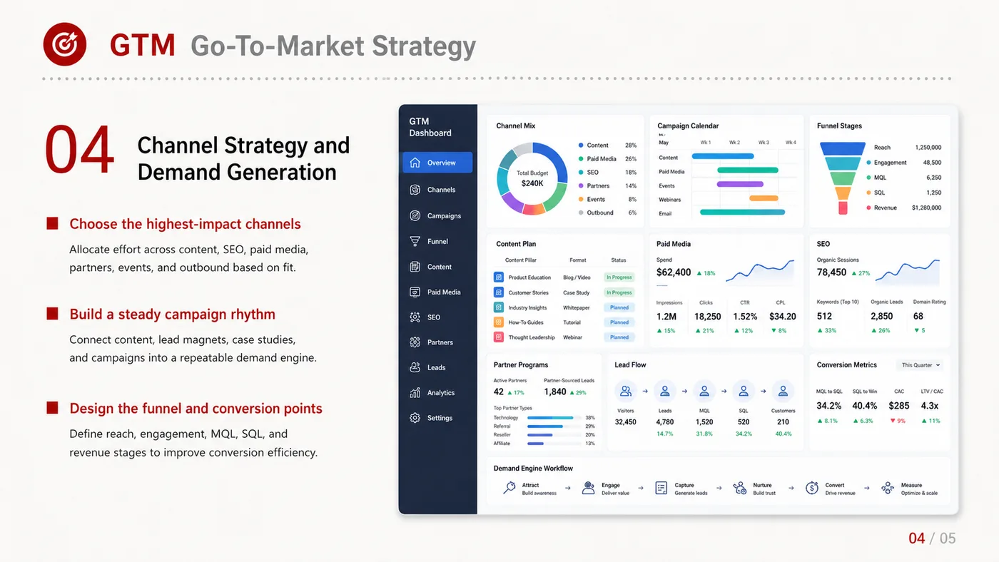 Go-to-market Strategy service card, page 4: Go-to-market Strategy turns English narrative, sales assets, trust content and lead tracking into business-development...