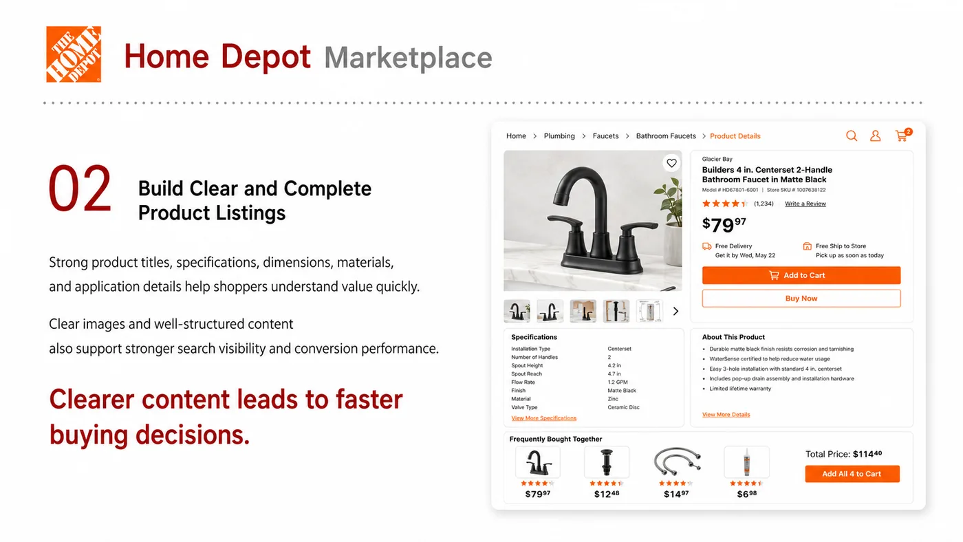 Home Depot Entry service card, page 2: Home Depot Entry prepares channel fit, product data, compliance, packaging, pricing, samples and follow-up needed for N...