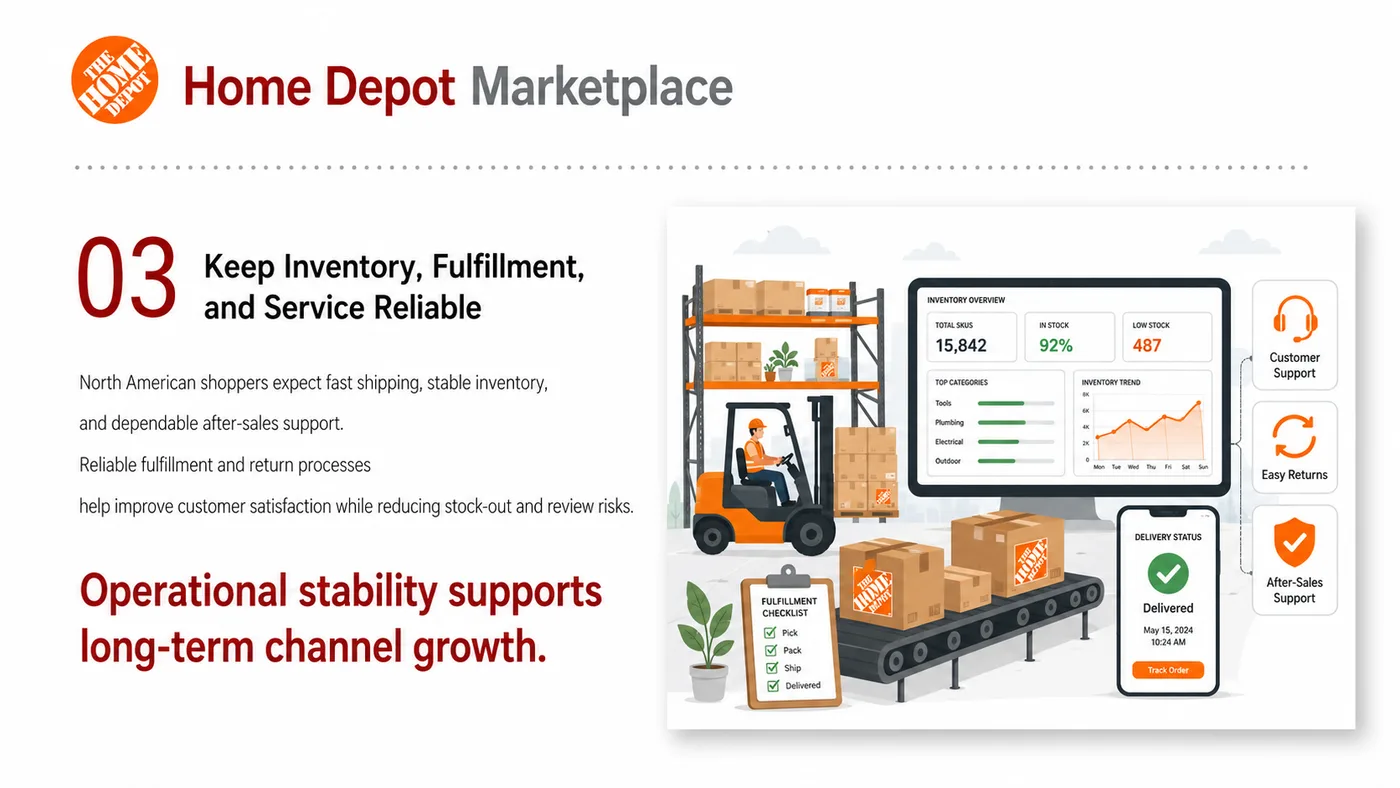 Home Depot Entry service card, page 3: Home Depot Entry prepares channel fit, product data, compliance, packaging, pricing, samples and follow-up needed for N...