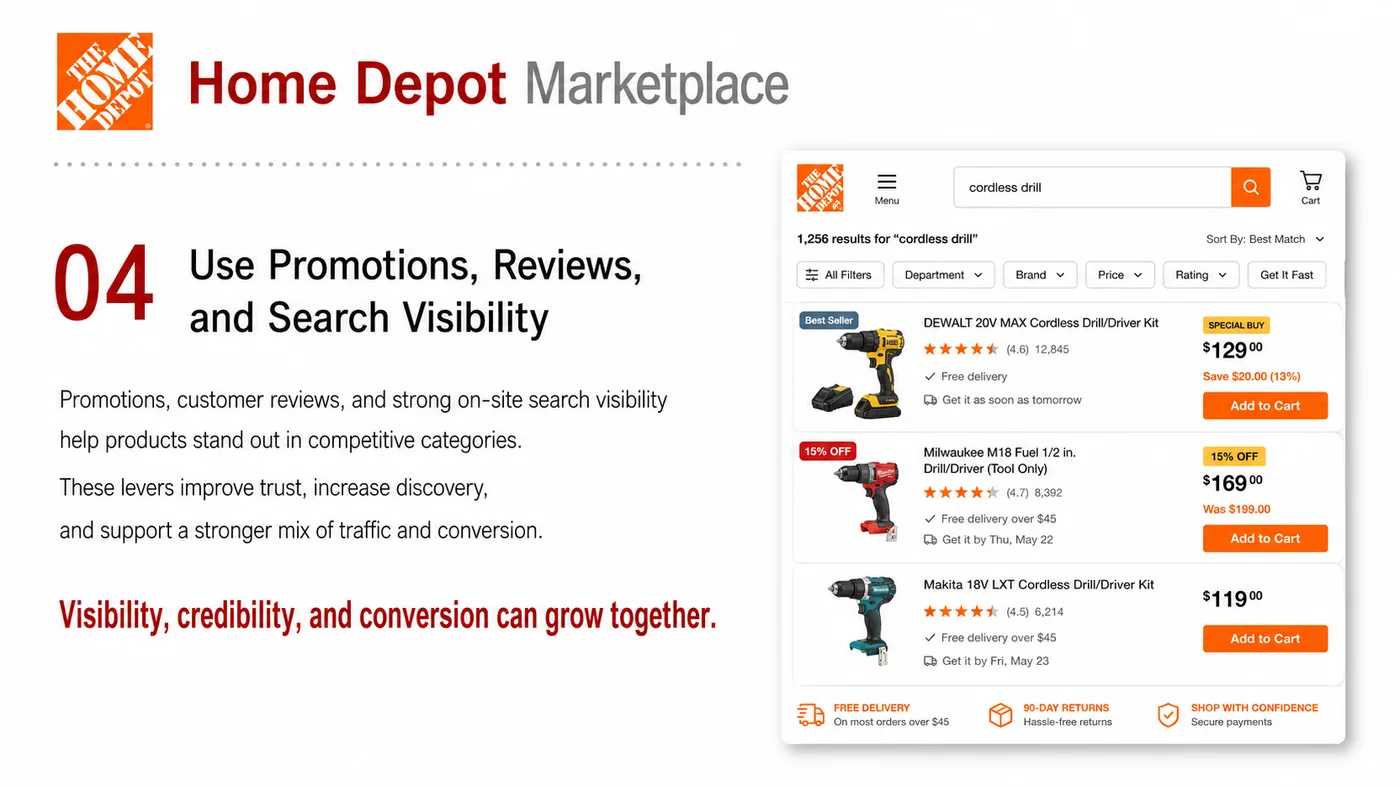 Home Depot Entry service card, page 4: Home Depot Entry prepares channel fit, product data, compliance, packaging, pricing, samples and follow-up needed for N...