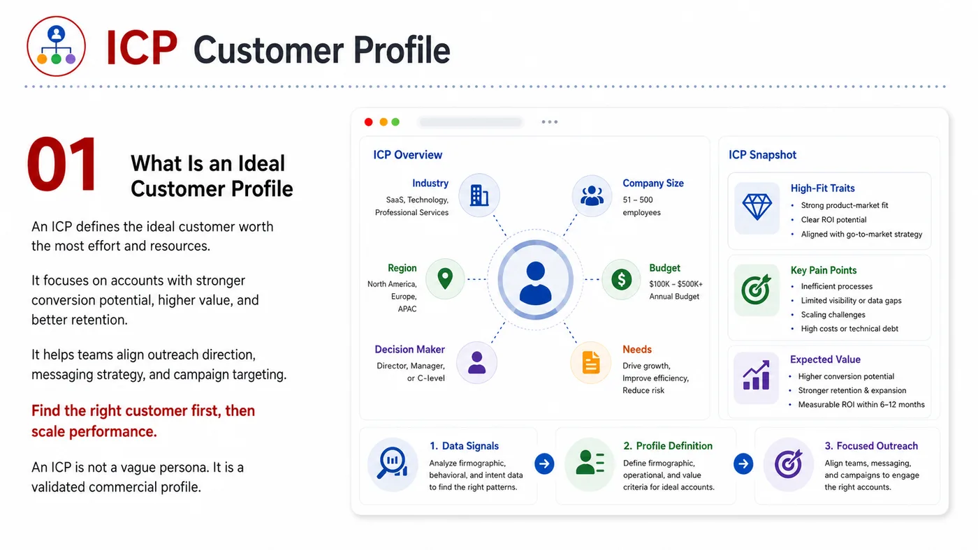 ICP Development service card, page 1: ICP Development turns English narrative, sales assets, trust content and lead tracking into business-development assets...