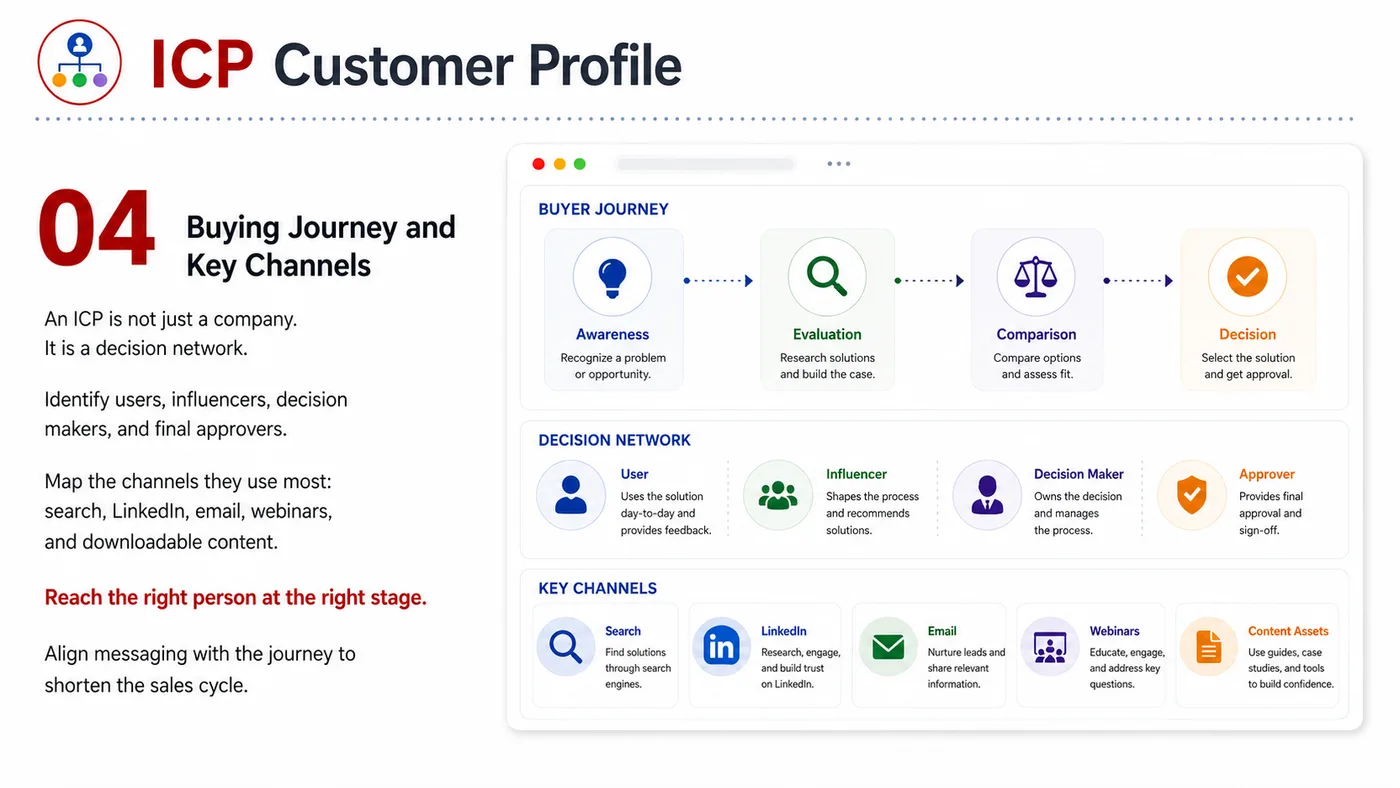ICP Development service card, page 4: ICP Development turns English narrative, sales assets, trust content and lead tracking into business-development assets...