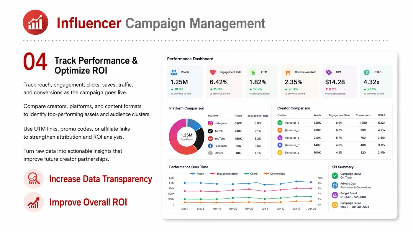 Influencer Campaign Management service card, page 4: Influencer Campaign Management focuses on North America creator and community collaboration through screening, briefs,...