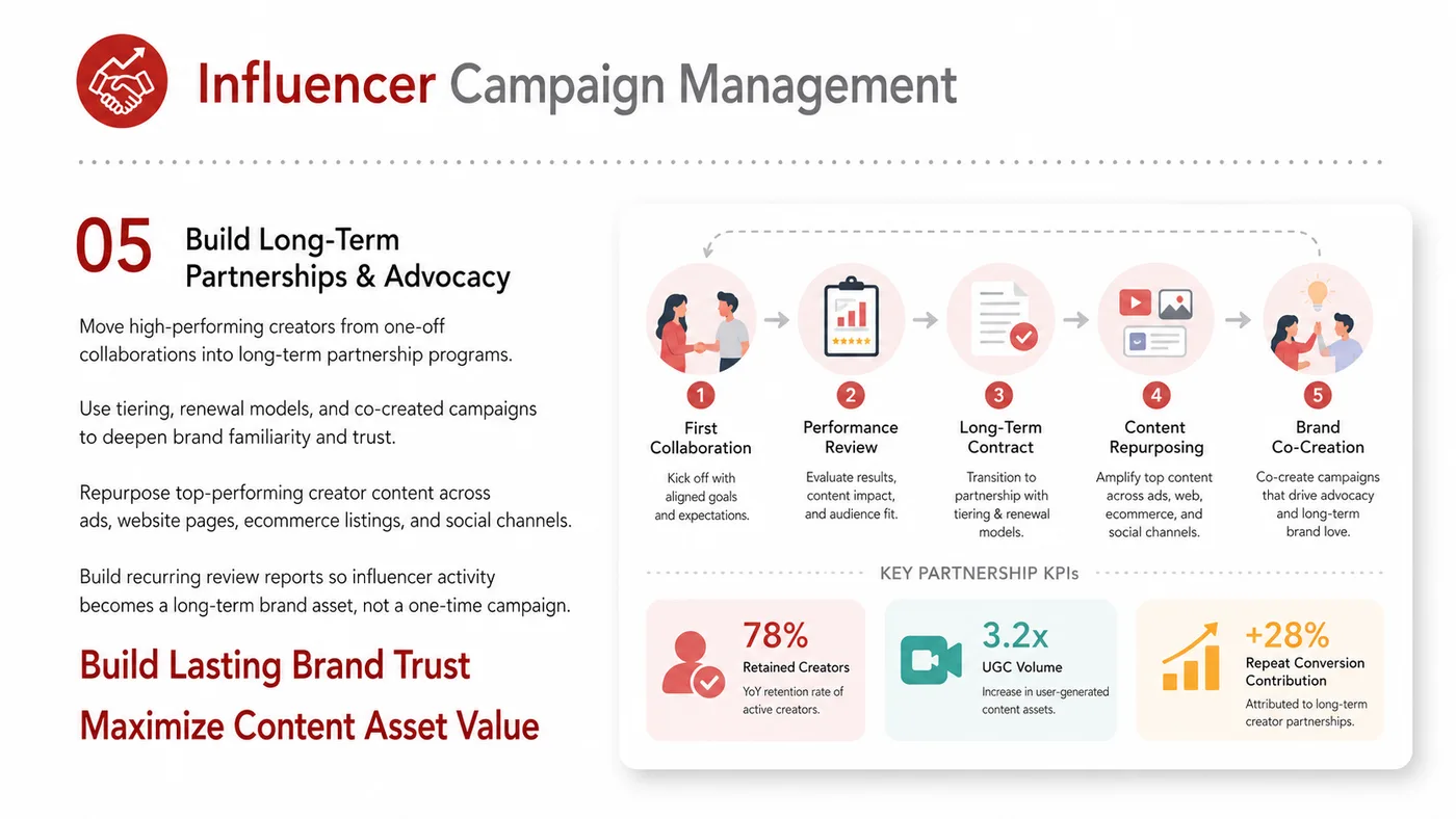 Influencer Campaign Management service card, page 5: Influencer Campaign Management focuses on North America creator and community collaboration through screening, briefs,...