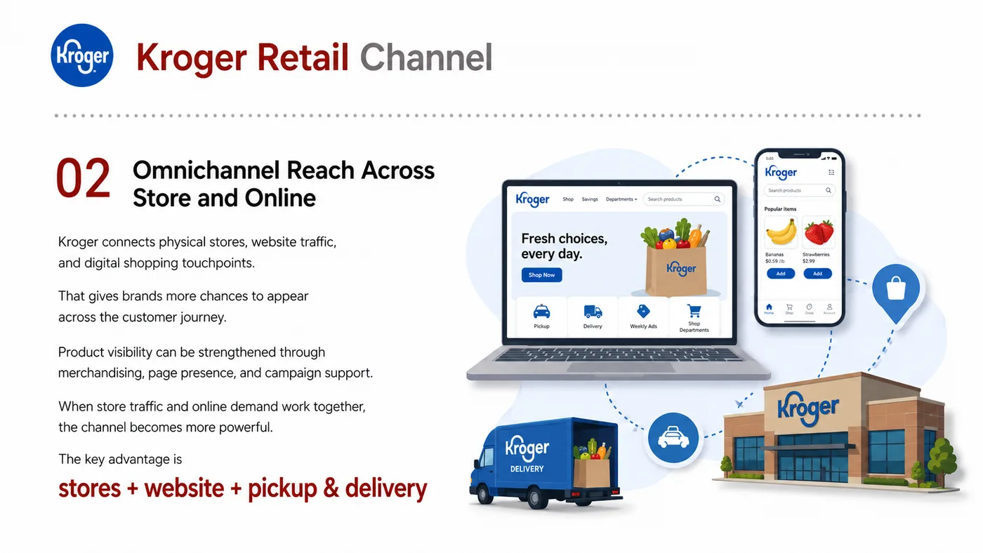 Kroger Entry service card, page 2: Kroger Entry prepares channel fit, product data, compliance, packaging, pricing, samples and follow-up needed for North...