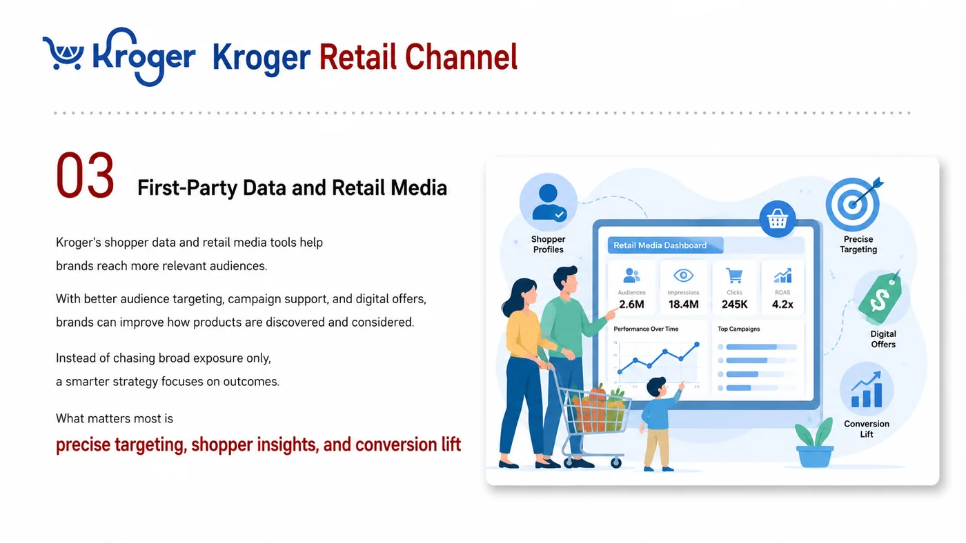 Kroger Entry service card, page 3: Kroger Entry prepares channel fit, product data, compliance, packaging, pricing, samples and follow-up needed for North...