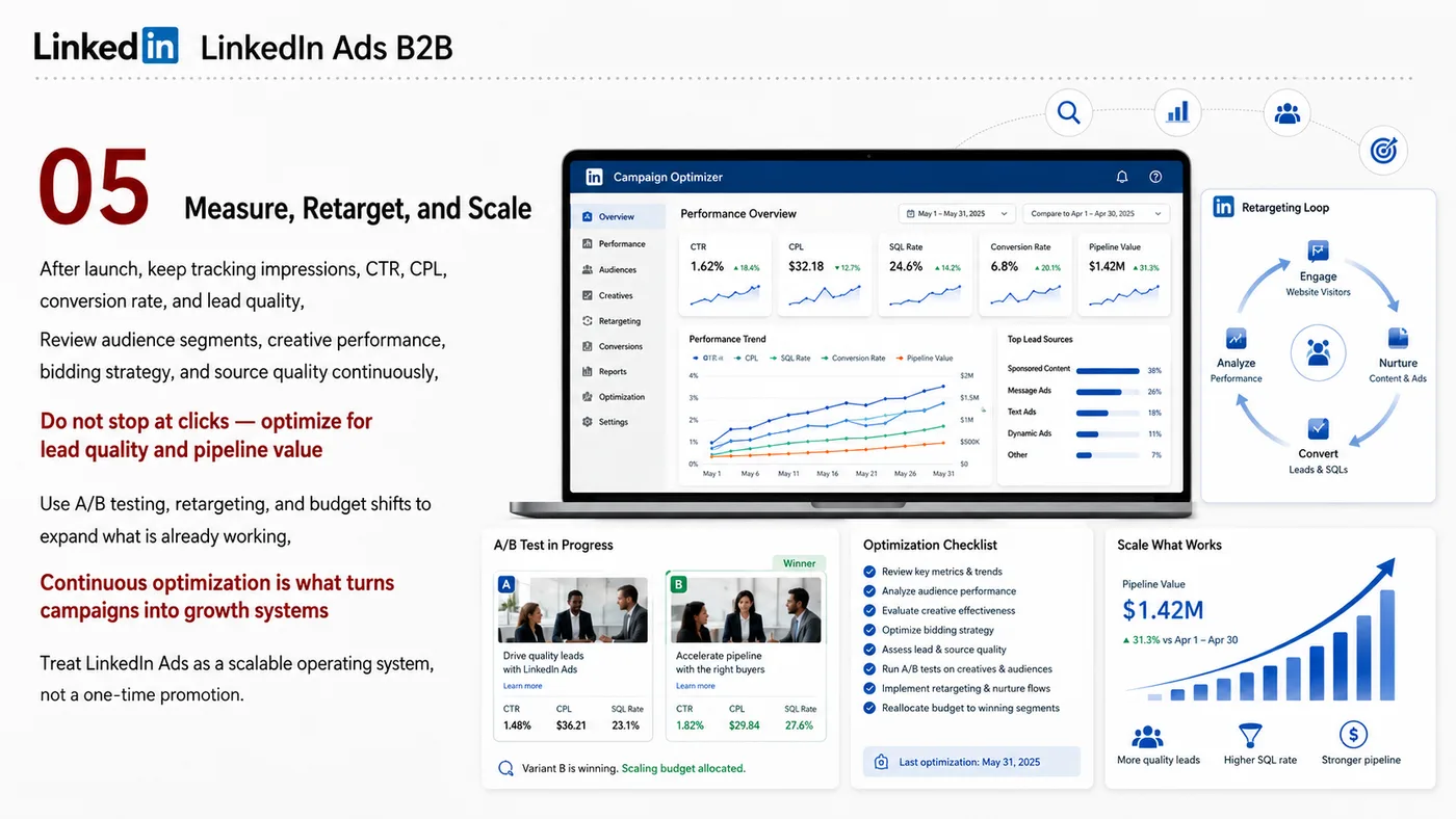 LinkedIn B2B Ads service card, page 1: LinkedIn B2B Ads designs North America media around audience, creative, landing pages and conversion events so spend ca...
