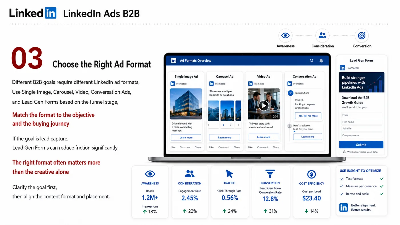 LinkedIn B2B Ads service card, page 4: LinkedIn B2B Ads designs North America media around audience, creative, landing pages and conversion events so spend ca...