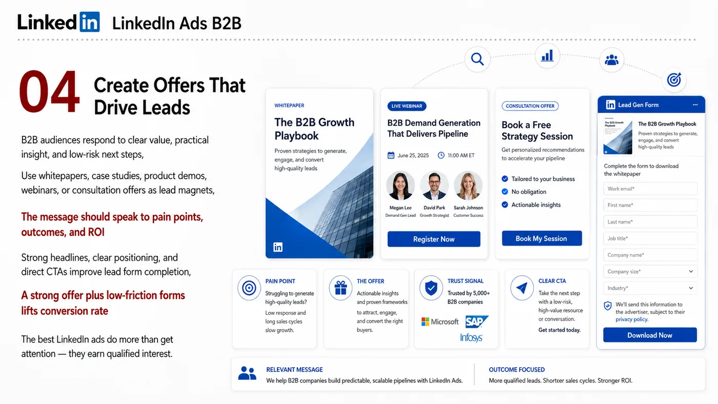 LinkedIn B2B Ads service card, page 5: LinkedIn B2B Ads designs North America media around audience, creative, landing pages and conversion events so spend ca...