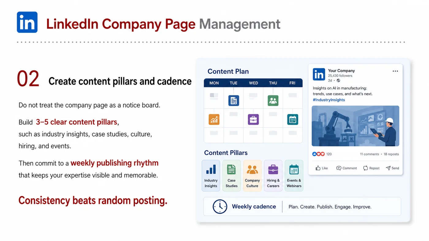 LinkedIn Company Page service card, page 3: LinkedIn Company Page focuses on North America creator and community collaboration through screening, briefs, contracts...