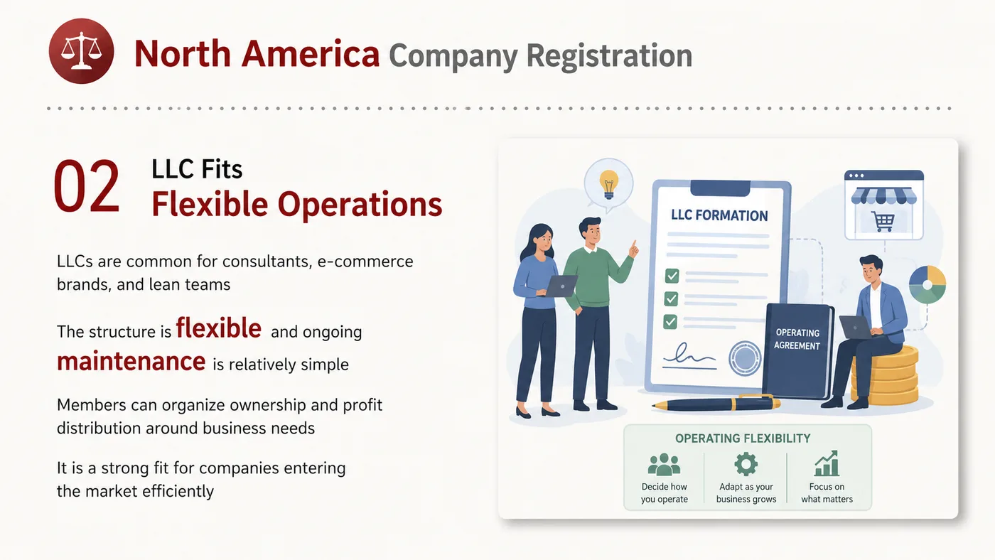 LLC / C-Corp North America Registration service card, page 2: Help brands understand LLC and C-Corp differences, filing materials, state selection and maintenance needs.