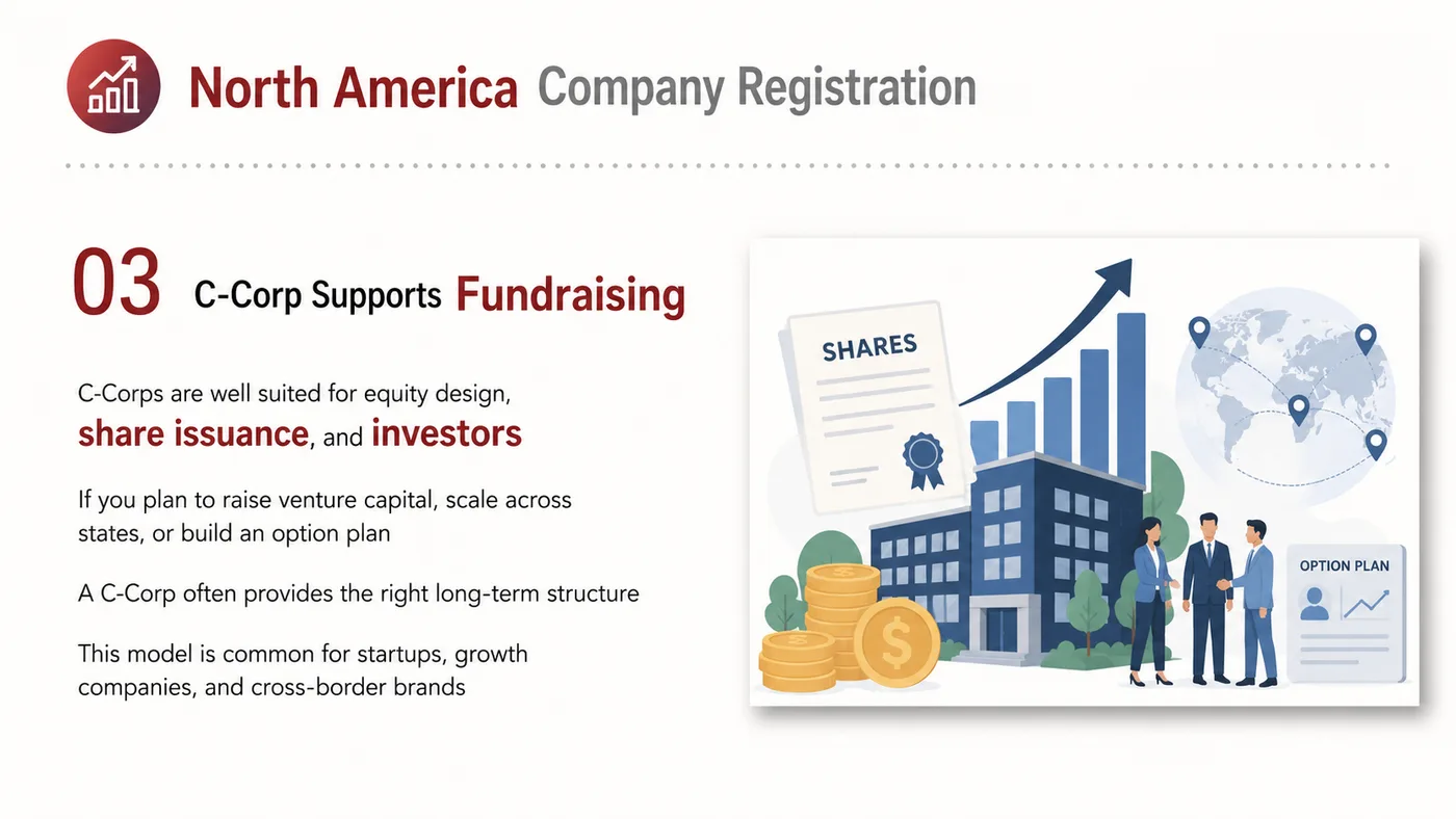 LLC / C-Corp North America Registration service card, page 3: Help brands understand LLC and C-Corp differences, filing materials, state selection and maintenance needs.