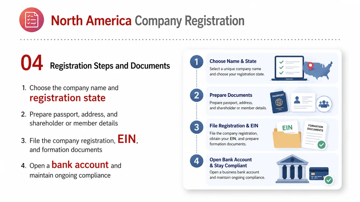 LLC / C-Corp North America Registration service card, page 4: Help brands understand LLC and C-Corp differences, filing materials, state selection and maintenance needs.