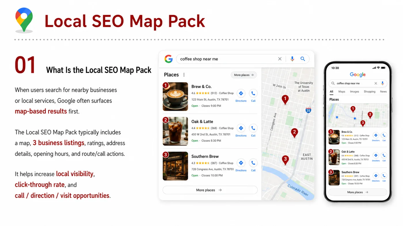 Local SEO Map Pack service card, page 1: Local SEO Map Pack organizes English search, AI summaries, technical structure and content proof so engines and buyers...