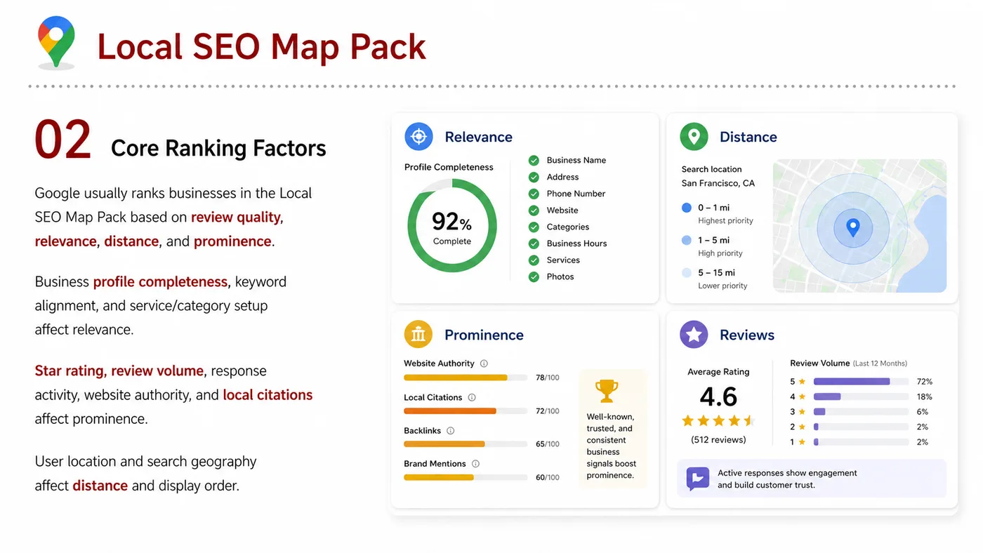 Local SEO Map Pack service card, page 2: Local SEO Map Pack organizes English search, AI summaries, technical structure and content proof so engines and buyers...