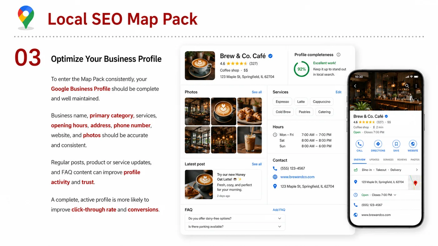 Local SEO Map Pack service card, page 3: Local SEO Map Pack organizes English search, AI summaries, technical structure and content proof so engines and buyers...