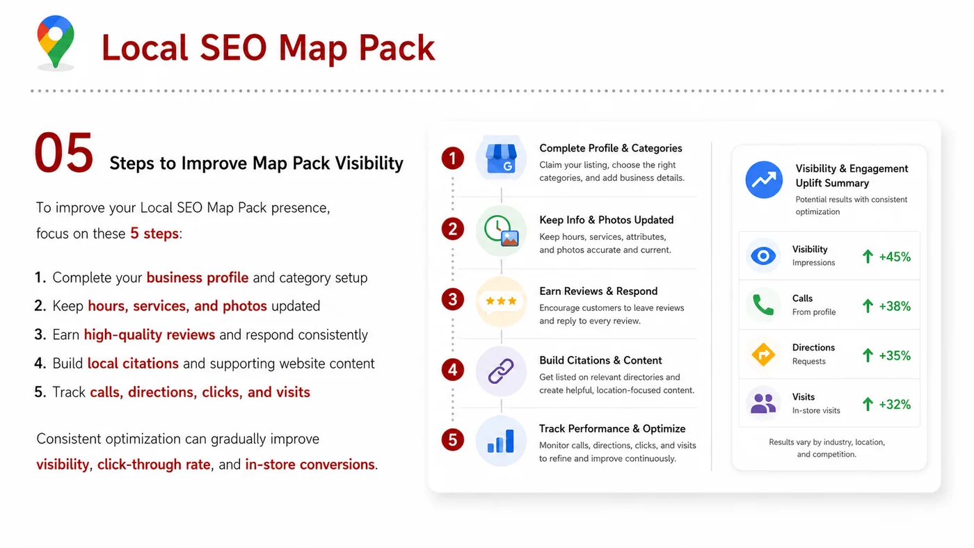 Local SEO Map Pack service card, page 5: Local SEO Map Pack organizes English search, AI summaries, technical structure and content proof so engines and buyers...