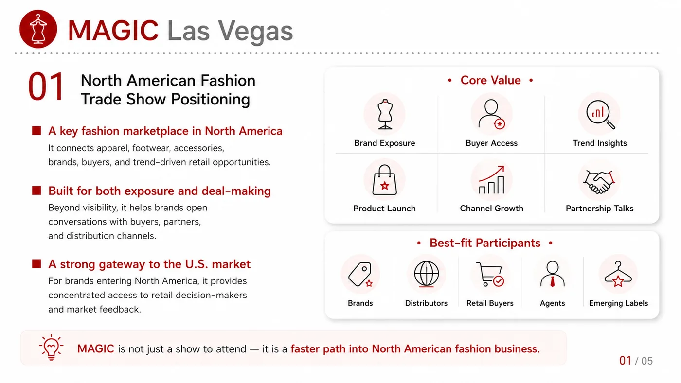 MAGIC Las Vegas service card, page 1: MAGIC Las Vegas connects pre-show outreach, on-site assets, booth messaging, buyer reception and follow-up into a conti...