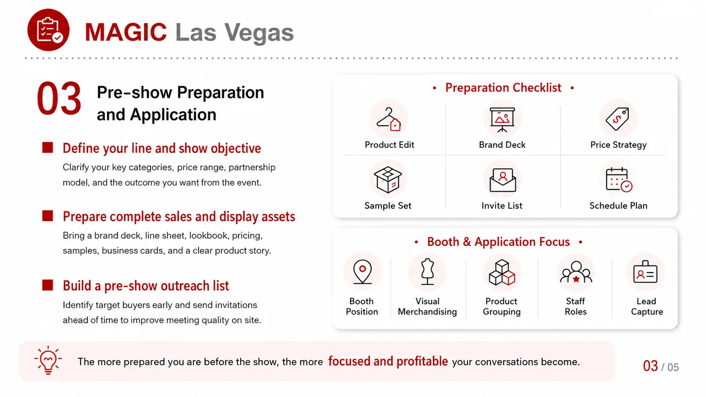 MAGIC Las Vegas service card, page 3: MAGIC Las Vegas connects pre-show outreach, on-site assets, booth messaging, buyer reception and follow-up into a conti...