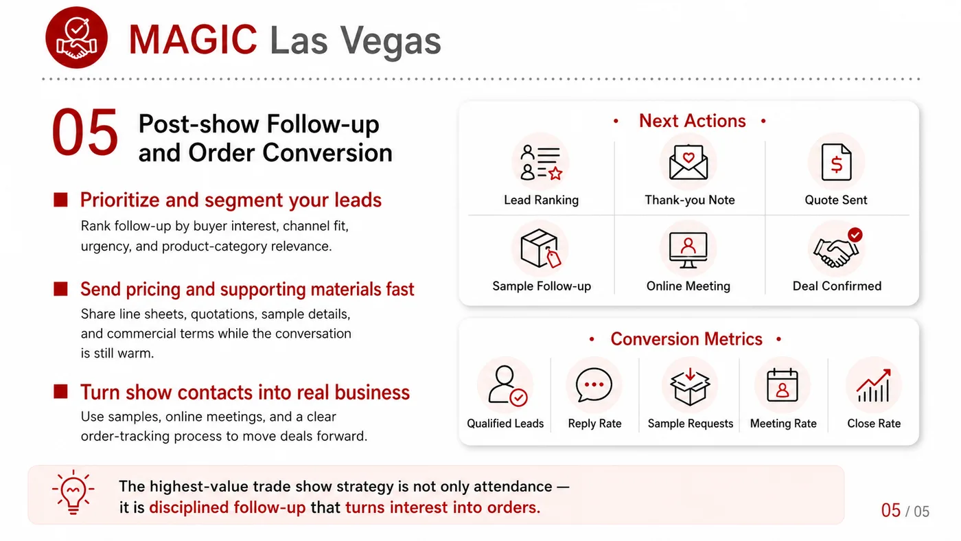 MAGIC Las Vegas service card, page 4: MAGIC Las Vegas connects pre-show outreach, on-site assets, booth messaging, buyer reception and follow-up into a conti...