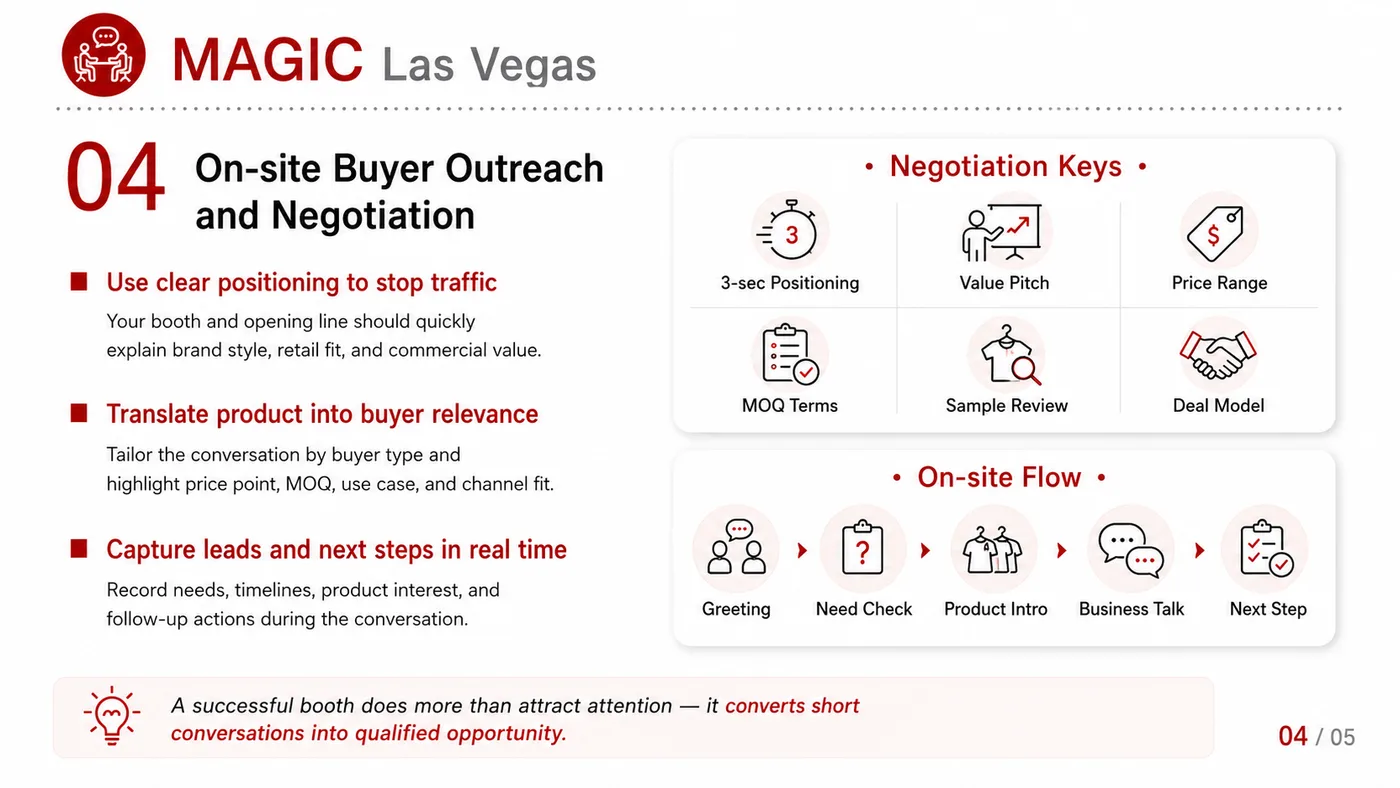 MAGIC Las Vegas service card, page 5: MAGIC Las Vegas connects pre-show outreach, on-site assets, booth messaging, buyer reception and follow-up into a conti...