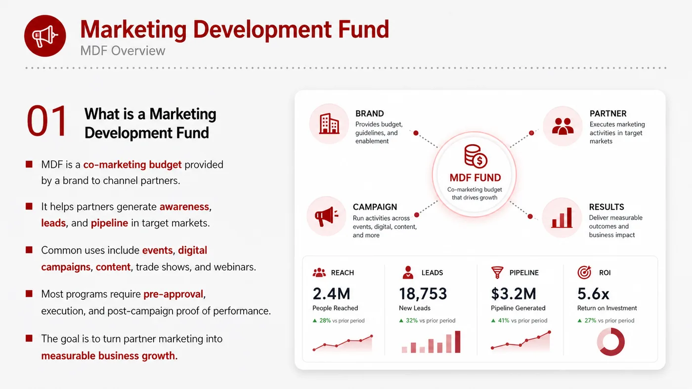 MDF Marketing Development Fund service card, page 1: MDF Marketing Development Fund prepares channel fit, product data, compliance, packaging, pricing, samples and follow-u...