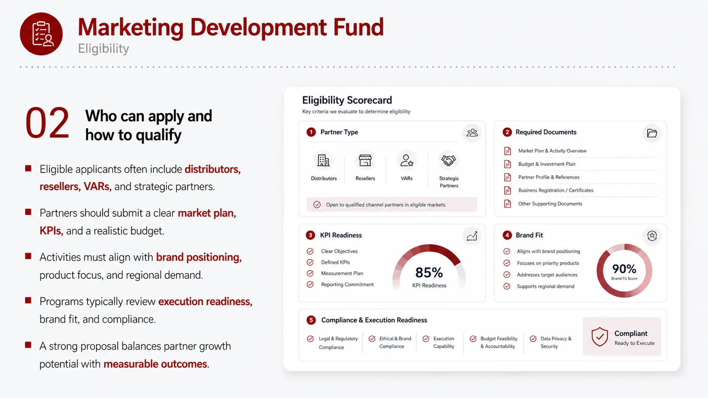 MDF Marketing Development Fund service card, page 2: MDF Marketing Development Fund prepares channel fit, product data, compliance, packaging, pricing, samples and follow-u...