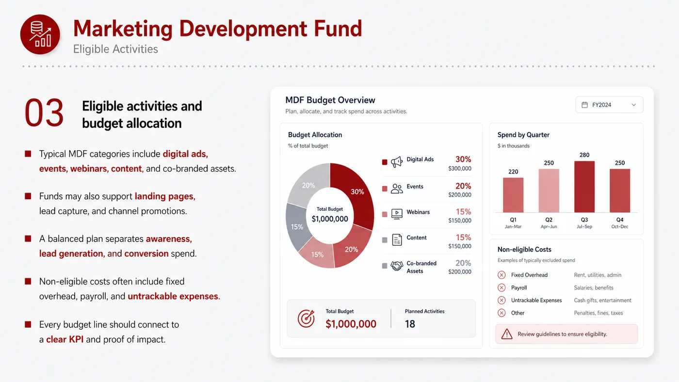 MDF Marketing Development Fund service card, page 3: MDF Marketing Development Fund prepares channel fit, product data, compliance, packaging, pricing, samples and follow-u...