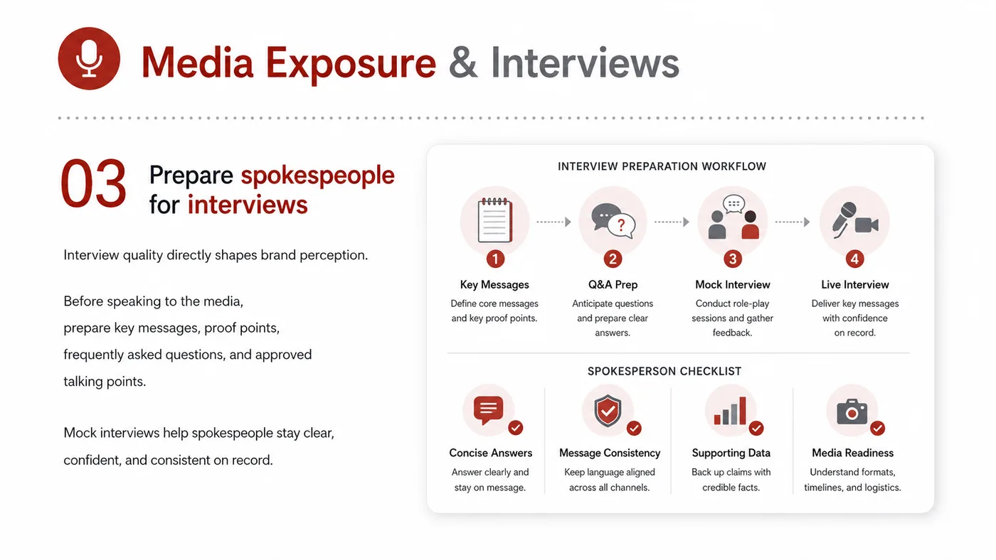 Media Coverage and Interviews service card, page 3: Media Coverage and Interviews turns English narrative, sales assets, trust content and lead tracking into business-deve...