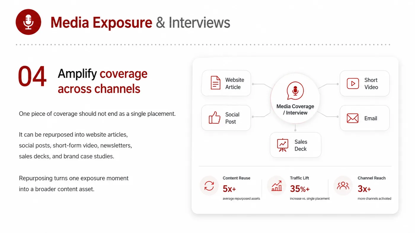 Media Coverage and Interviews service card, page 4: Media Coverage and Interviews turns English narrative, sales assets, trust content and lead tracking into business-deve...