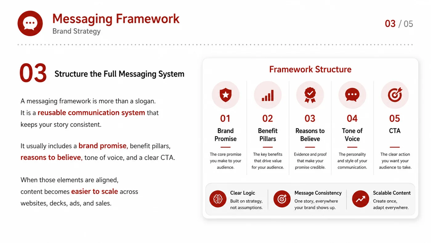 Messaging Framework service card, page 3: Messaging Framework turns English narrative, sales assets, trust content and lead tracking into business-development as...